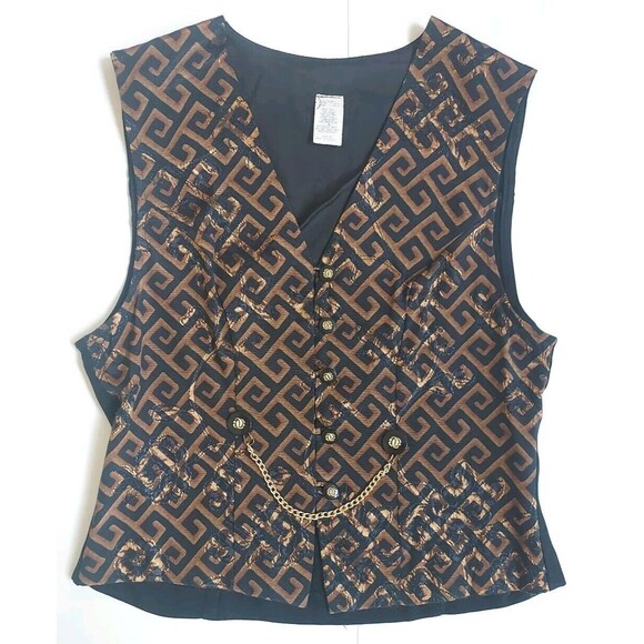 Vintage 90's Ladies Black & Bronze Brocade Tone On Tone Vest W/Chain Size SP - Picture 1 of 6